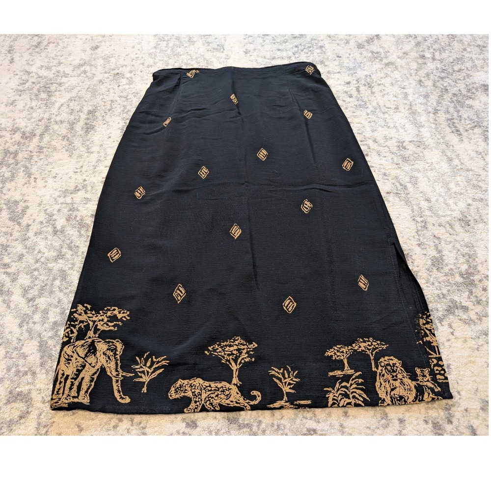 Alfred Dunner VTG Black Gold Safari Midi Skirt Animal Print Boho Women's 14P